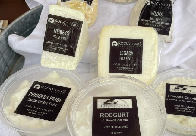 A selection of goat cheese from Rocky Oaks Goat Creamery
